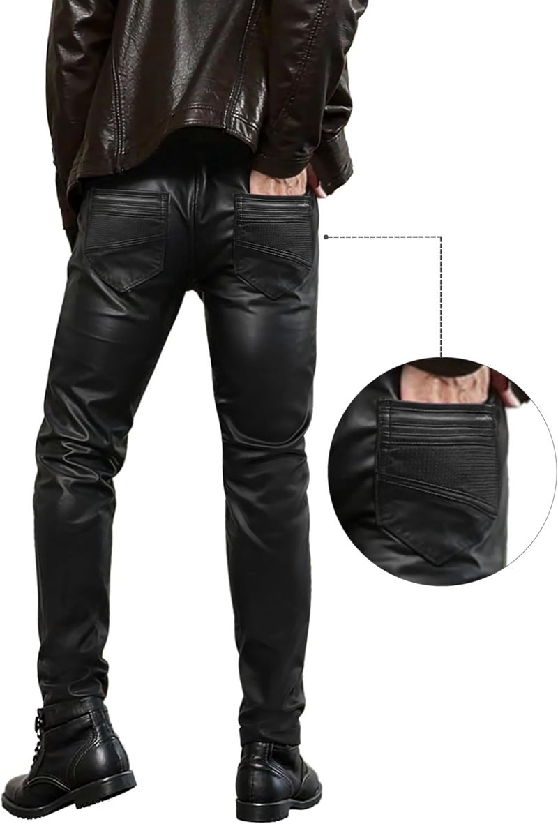 ETHANOL Store Mens Slim Fit Stretch Fashion Casual Faux Leather Pants - Image 3