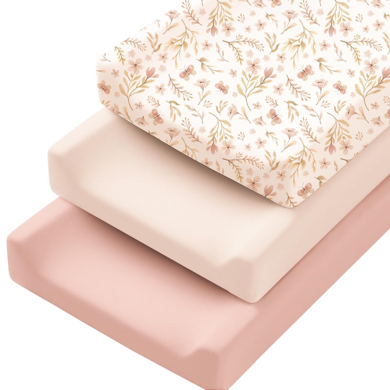 Konssy 3 Pack Stretchy Changing Pad Covers for Girl, Boy, Silky Soft Changing Table Cover, Breathable Baby Nursery Diaper Chang Pad Sheets (Pink Spring) - Image 1