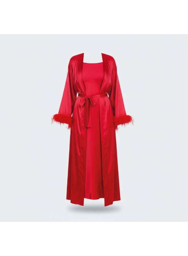 Women’s Long Satin Nightdress with Luxury Satin Robe – Feather Trim Lingerie Sleepwear Set | Elegant Red Nightwear |Made in Turkey - Image 5