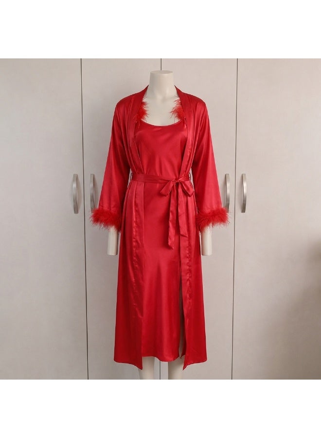 Women’s Long Satin Nightdress with Luxury Satin Robe – Feather Trim Lingerie Sleepwear Set | Elegant Red Nightwear |Made in Turkey - Image 1