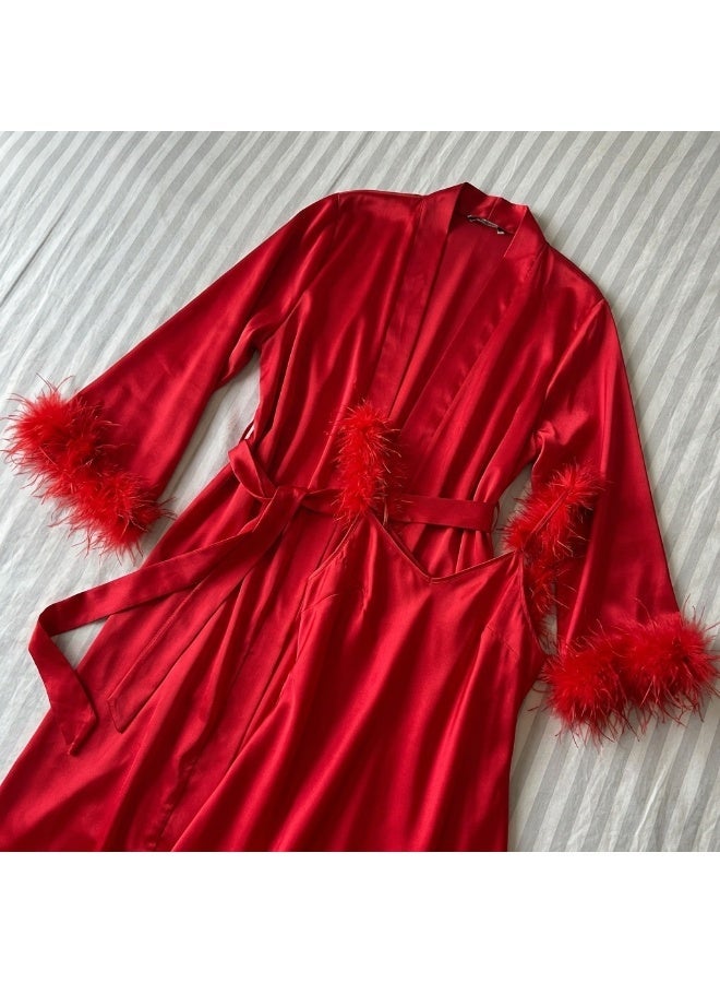 Women’s Long Satin Nightdress with Luxury Satin Robe – Feather Trim Lingerie Sleepwear Set | Elegant Red Nightwear |Made in Turkey - Image 2