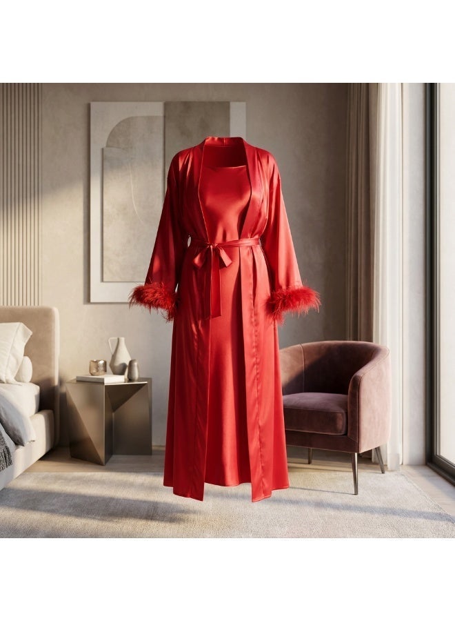 Women’s Long Satin Nightdress with Luxury Satin Robe – Feather Trim Lingerie Sleepwear Set | Elegant Red Nightwear |Made in Turkey - Image 4