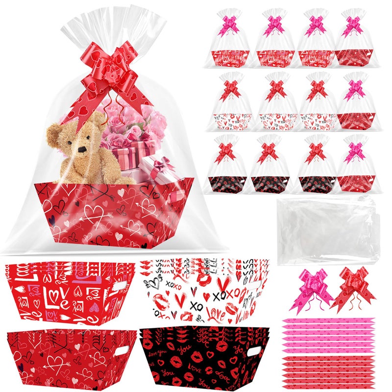 CUUSNNY 12 Set Valentines Day Gift Basket Empty, Love Heart Valentines Baskets Cardboard Box with Cellophane Bags and Ribbons for Gift Giving, Wedding, Anniversary Decor (red) - Image 1
