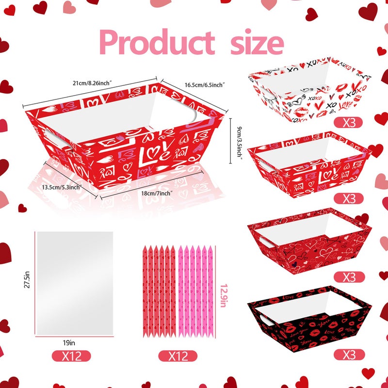 CUUSNNY 12 Set Valentines Day Gift Basket Empty, Love Heart Valentines Baskets Cardboard Box with Cellophane Bags and Ribbons for Gift Giving, Wedding, Anniversary Decor (red) - Image 2