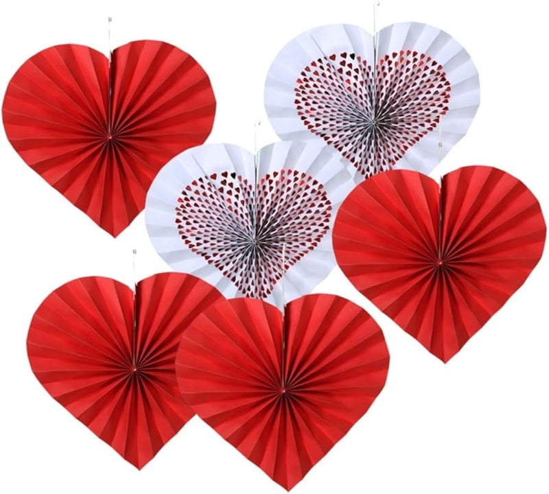 VALICLUD 6 Pcs Red Heart Shaped Paper Fan Flowers Wedding Party Decor Wall Hanging - Image 1
