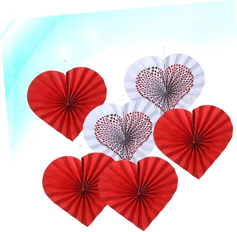 VALICLUD 6 Pcs Red Heart Shaped Paper Fan Flowers Wedding Party Decor Wall Hanging - Image 4