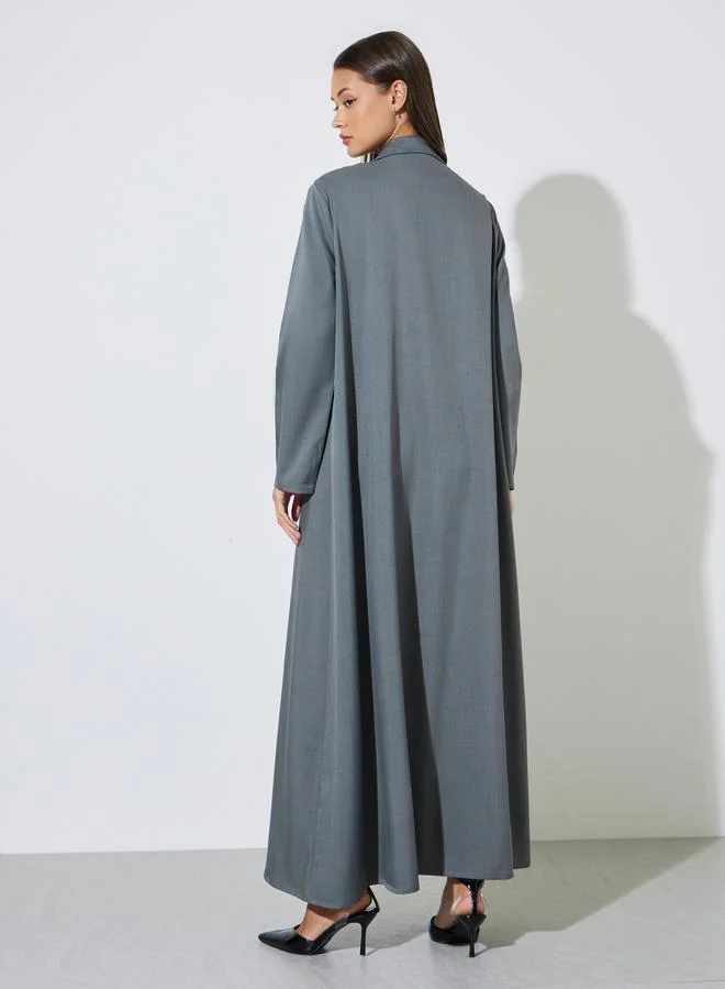 Amirah  Women Grey Linen Look Collared Abaya for Women | Best Price UAE