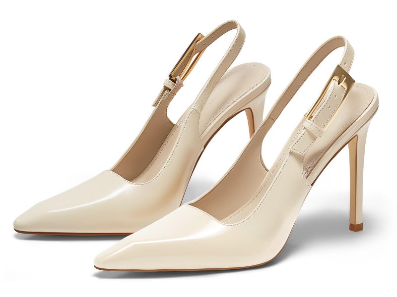Coutgo Women's Slingback High Heels Pointed Toe Stilettos Metal Buckle Dress Party Pump Shoes, Creamy White, Size 6 - Image 4