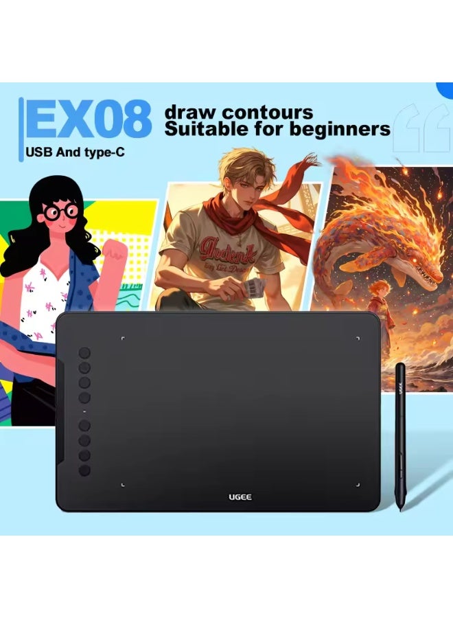 Ugee Drawing Tablet UGEE EX08 Graphic Drawing Tablet with 8192 Levels Pressure Battery free Stylus Tablet for Windows Mac - Image 1