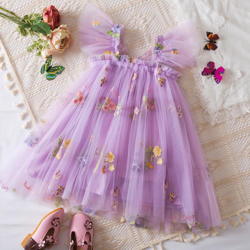 NNJXD Baby Girl Flower Embroidery Tulle Dress Butterfly Toddler Birthday Party Dresses 2109 Purple Size(80) 6-12 Months - Image 3