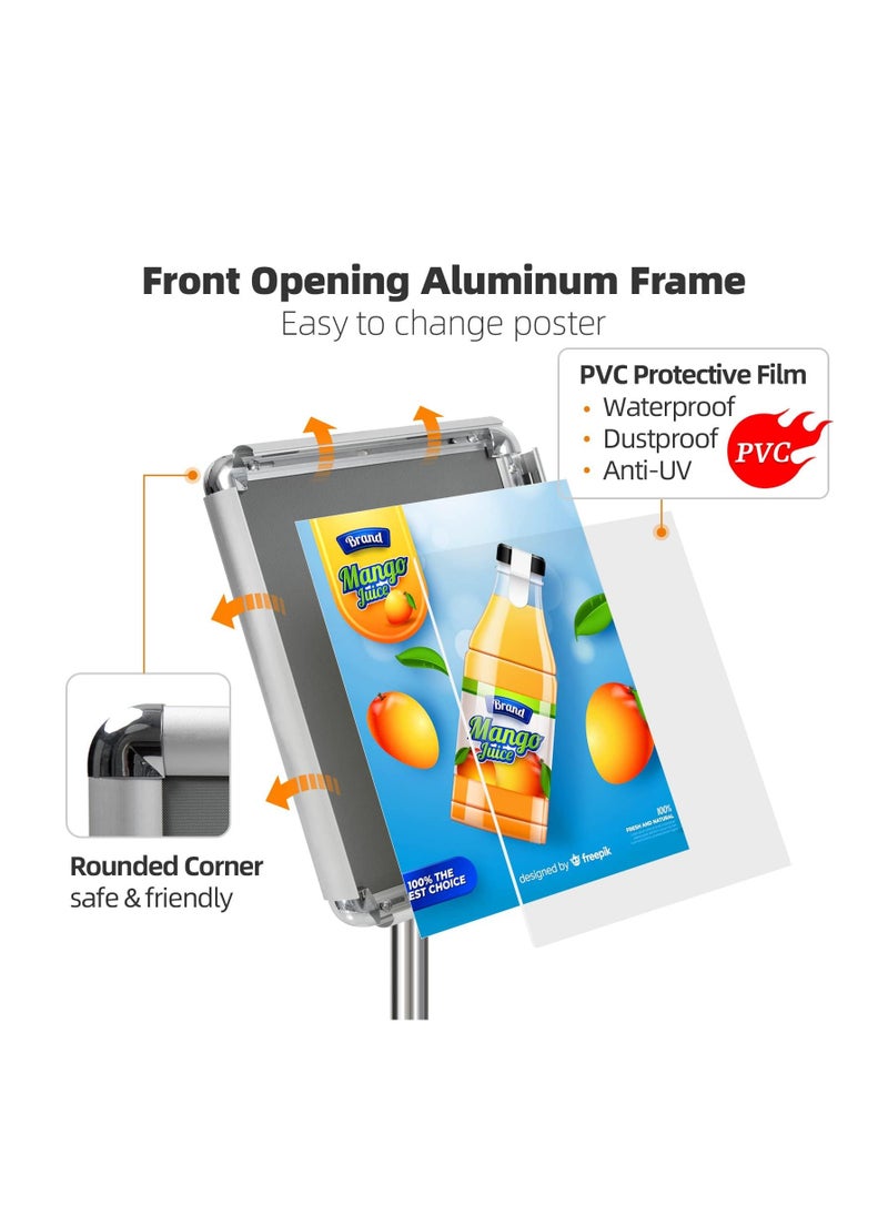 Arabest - A3 Sign Stand Adjustable Poster Stand Aluminum Snap Frame Menu Stand Replaceable Advertising Rack Floor Display Stands with Safety Corner and Stable Round Base (Silver, A3) - Image 1