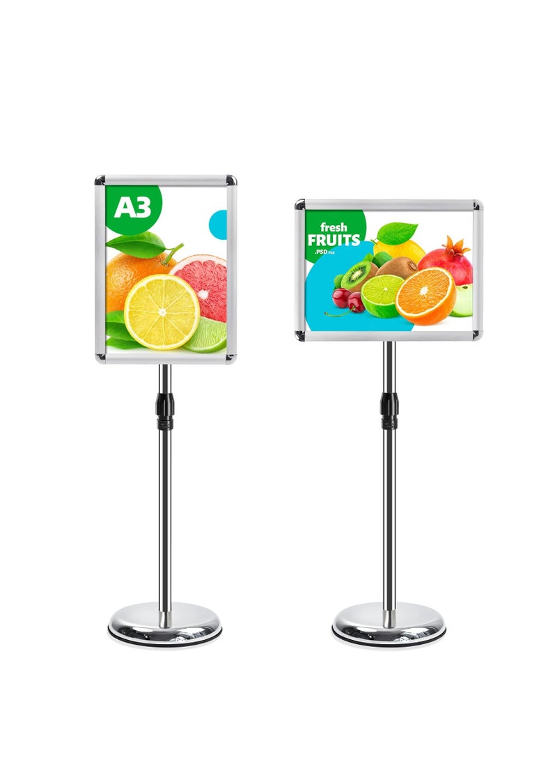 Arabest - A3 Sign Stand Adjustable Poster Stand Aluminum Snap Frame Menu Stand Replaceable Advertising Rack Floor Display Stands with Safety Corner and Stable Round Base (Silver, A3) - Image 1