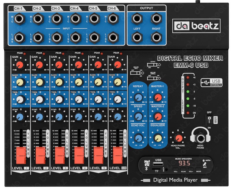 da.beatz. DaBeatz 6-Channel Stereo Echo DJ Sound Mixer with USB and Bluetooth for Parties, Stage Effects, Weddings, Diwali Giving Your Occasion an Impressive Output. (Black) - Image 3