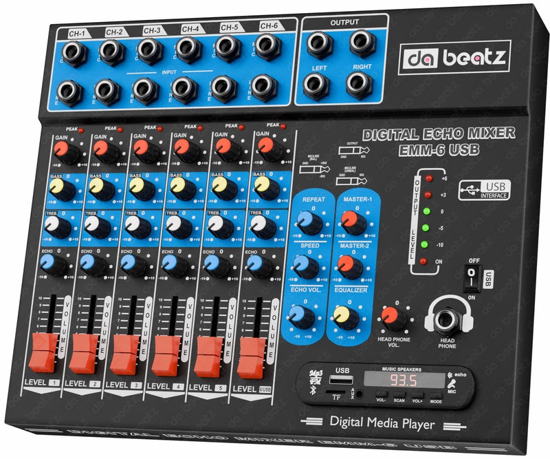 da.beatz. DaBeatz 6-Channel Stereo Echo DJ Sound Mixer with USB and Bluetooth for Parties, Stage Effects, Weddings, Diwali Giving Your Occasion an Impressive Output. (Black) - Image 1