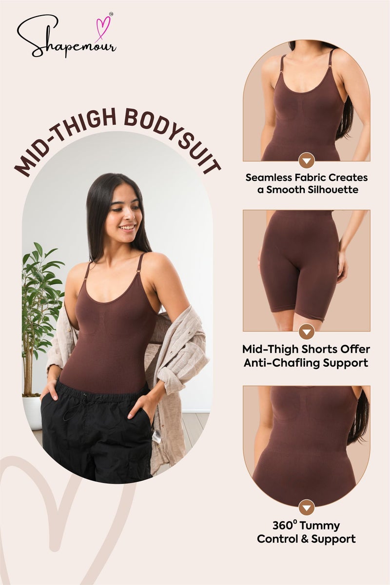 SHAPEMOUR Mid Thigh Bodysuit Bodyshaper, Sculpting Design Shapewear for Women, Body Shaper with Silicone Grip, No Steel Bones for All Day Comfort, Smooth and Seamless Fit (Brown, M) - Image 4