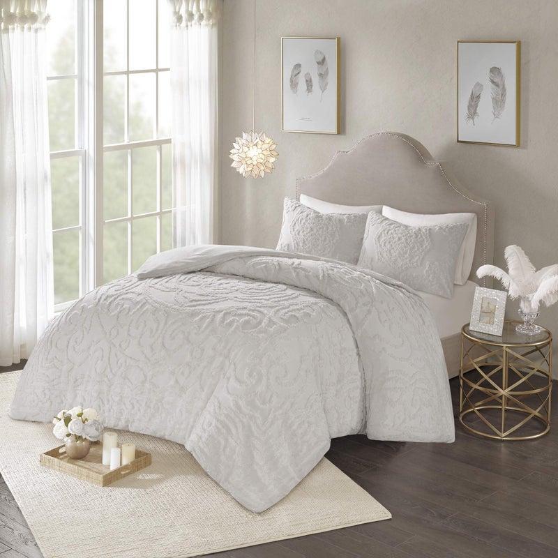 Madison Park Laetitia 100 Cotton Duvet SetChenille Tufted Medallion Design All Season Cozy Bedding Shabby Chic Comforter Cover Matching Shams FullQueen 90 in x 90 in Floral Grey