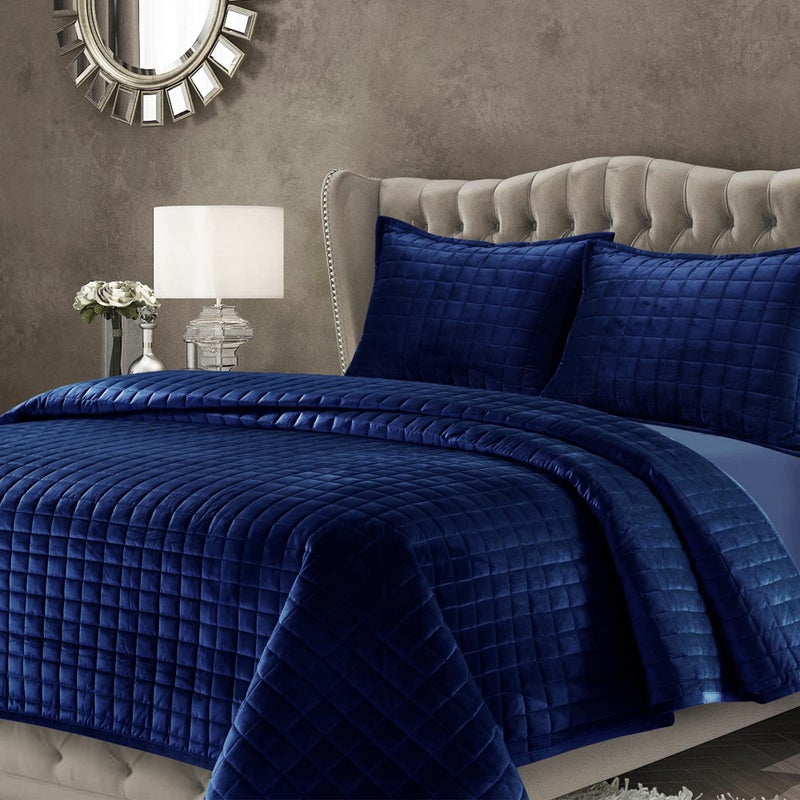 Tribeca Living Velvet Twin Quilt Set TwoPiece Box Stitch Bedding Set Includes One Oversized Quilt  One Sham Pillowcase 260GSM Super Soft Velvet FlorenceNavy Blue