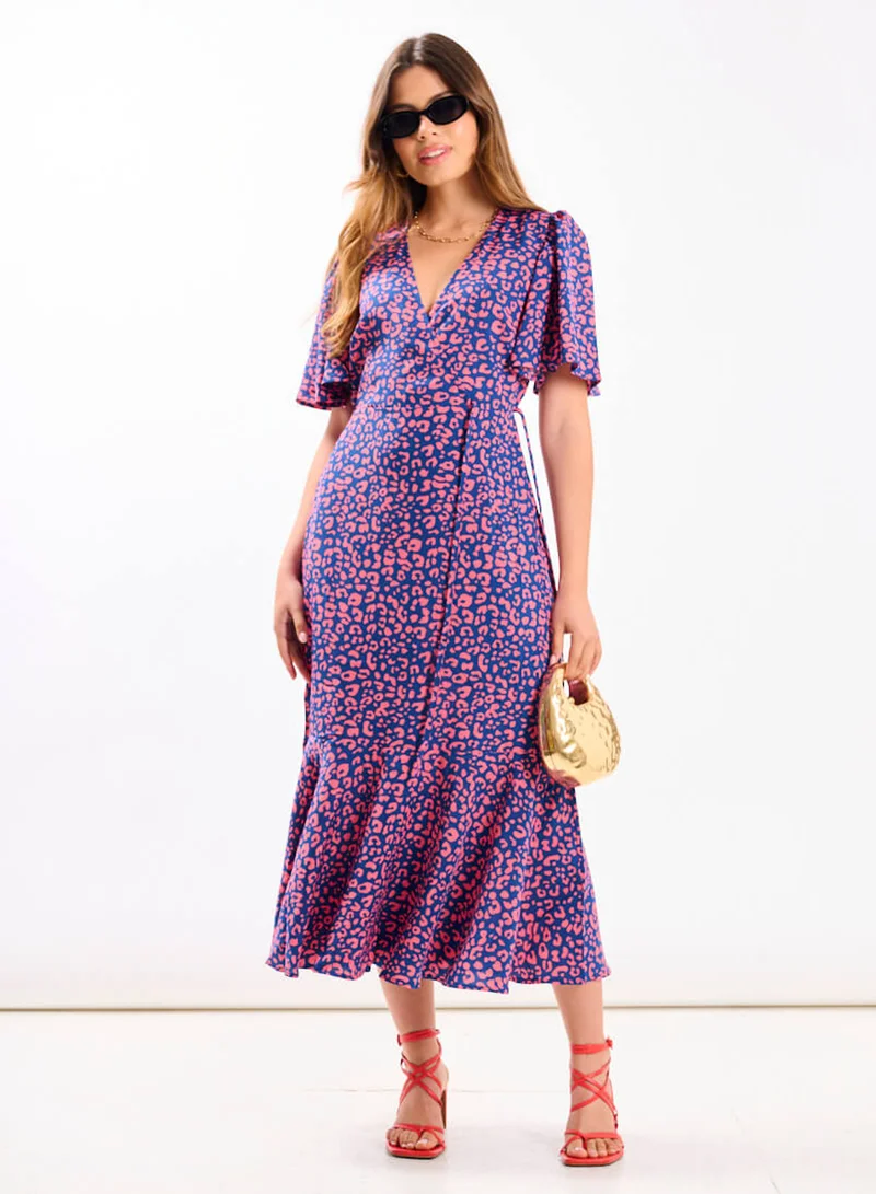 Pink Animal Wrap Midi Dress