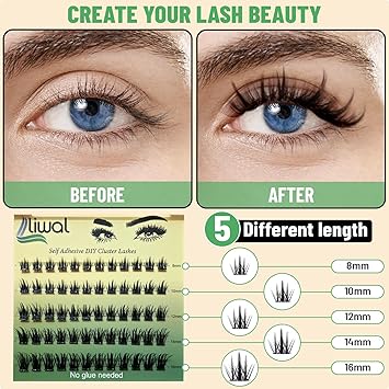 Liwal Self Adhesive Eyelashes No Glue No Remover Needed 60 Pcs C Curl 816mm PreGlued Cluster Lashes Reusable PressOn Eyelashes with Tweezer LWMassif 816 Mix - Image 3
