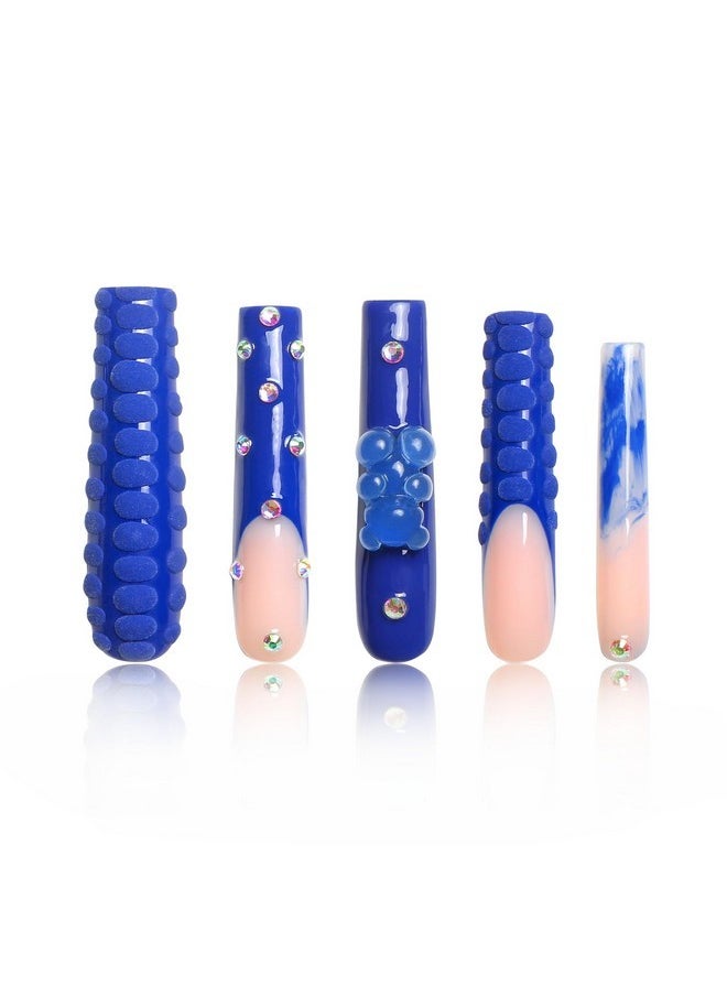Lovful Press On Nails Little Blue Bear | Handmade With Full Covered Crystals | Reusable Fake Nails | 2.16In Long Square | H132-M  - Image 1