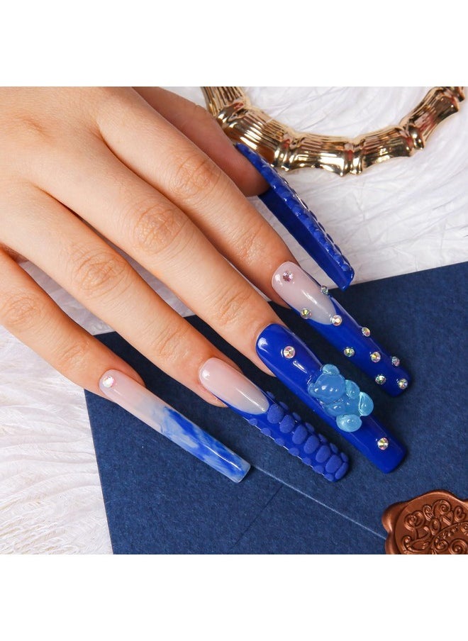 Lovful Press On Nails Little Blue Bear | Handmade With Full Covered Crystals | Reusable Fake Nails | 2.16In Long Square | H132-M  - Image 2