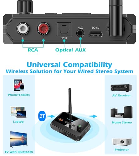 KAIY Bluetooth 5.3 Receiver for Home Stereo, Optical Low Latency & HD Music Audio Bluetooth to RCA Adapter for Stereo/Speakers/Wired Speakers/Home Audio Music Streaming Stereo System, Support AUX/USB - Image 3