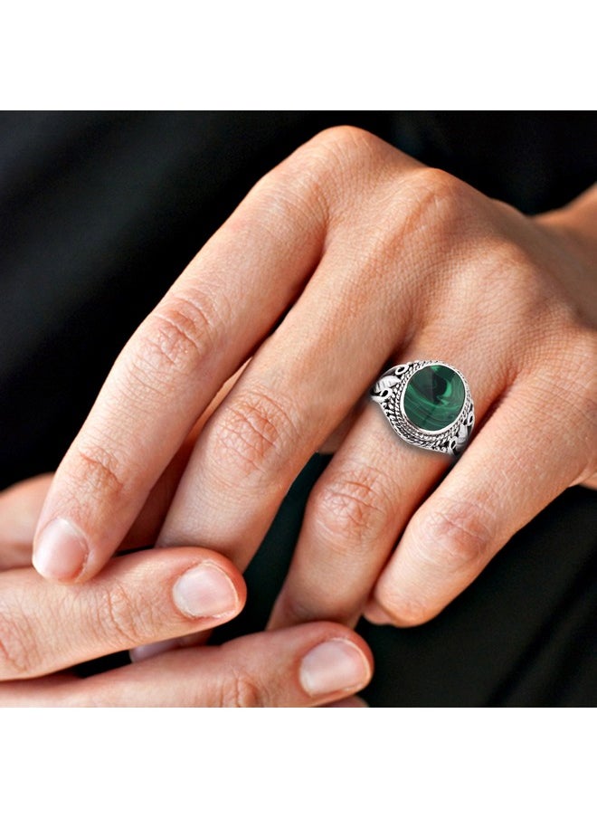 AeraVida Vintage Inspired Round Green Malachite Nature .925 Sterling Silver Ring | Classic And Casual Comfort Fit For Women, Men, Unisex Unisex Size(9)  - Image 2