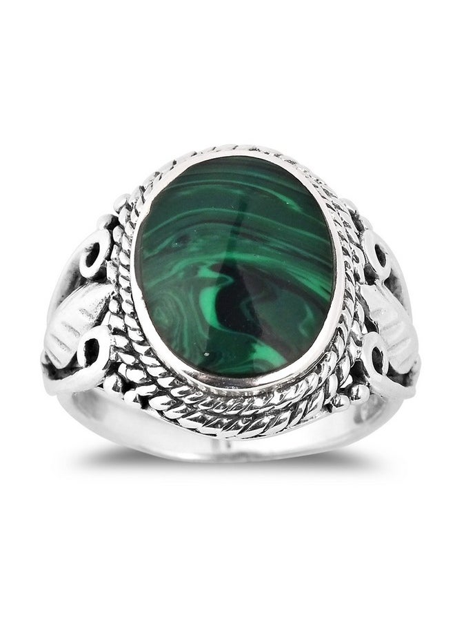 AeraVida Vintage Inspired Round Green Malachite Nature .925 Sterling Silver Ring | Classic And Casual Comfort Fit For Women, Men, Unisex Unisex Size(9)  - Image 1