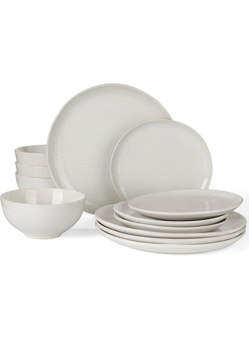 Famiware Moonlight 12 Piece Stoneware Dinnerware Set with Linen Finish, Set for 4, Scratch Resistant, Microwave & Dishwasher Safe, White  - Image 1