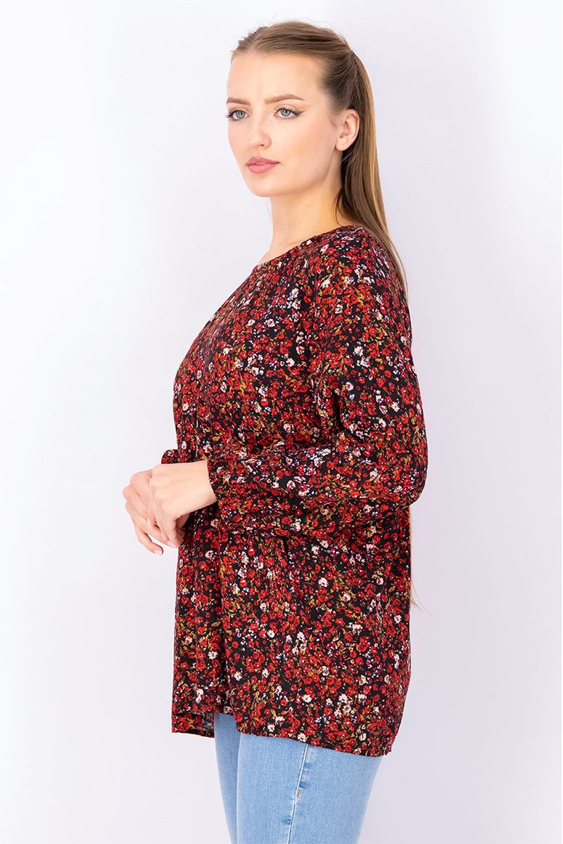 ESPRIT بلوزة نسائية بأكمام طويلة وياقة دائرية مزخرفة بالزهور، حمراء وسوداء - Image 2