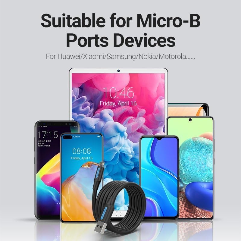 كبل VENTION من USB 2.0 A ذكر إلى Micro-B ذكر للشحن السريع @3A وسرعة نقل @480 ميجابت/ثانية، مطلي بالنيكل، درع من رقائق الألومنيوم (Micro-B، 2 متر) - Image 5