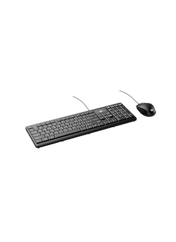 F&D - FD 1600P USB Wired Multimedia Keyboard and Mouse Combo - Flat Arabic-English Keyboard - Laser Print Covers - 1200 DPI - Water Resistant for Desktop Computer | Black - Image 1