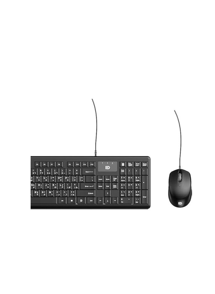 F&D - FD 1600P USB Wired Multimedia Keyboard and Mouse Combo - Flat Arabic-English Keyboard - Laser Print Covers - 1200 DPI - Water Resistant for Desktop Computer | Black - Image 1