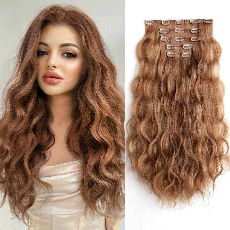 Clip in Extensions Blonde Brown Wavy 18" Long Synthetic Fluffy and Not Tangled Clips on Hair Piece for Women 5PCS Curly Girls Natural Extension Weddings Party Daily Use Full Head 5 Oz