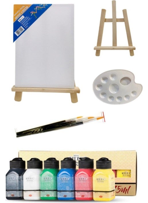 Painting Set Mini Easel + 6 Color Acrylic Paint + Canvas + Palette + 3 Size Brush