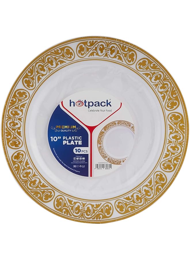 Hotpack Premium White/Gold Circle Print Plastic Plates 10 Inch, 10 Pieces