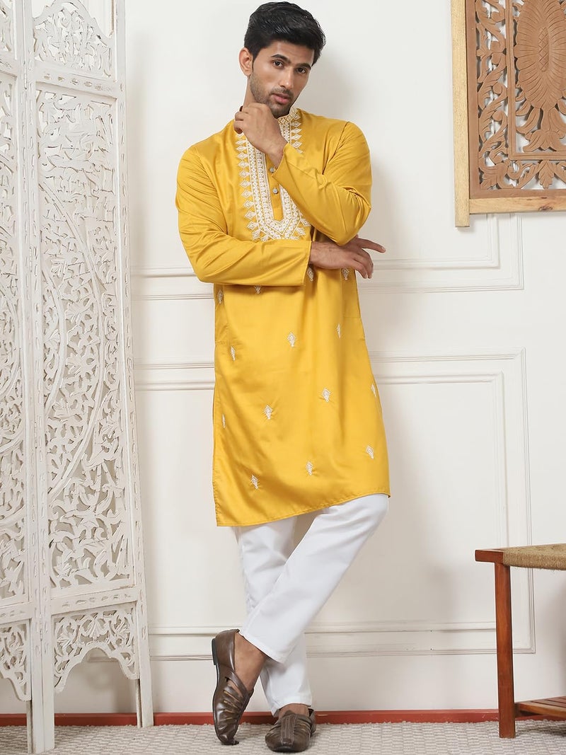 Jompers Men's Classic Collar Embroidered Silk Blend Kurta with Pyjama - Image 4