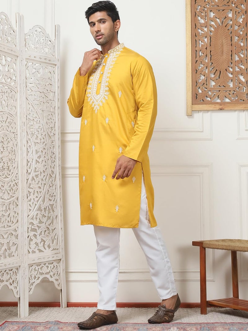 Jompers Men's Classic Collar Embroidered Silk Blend Kurta with Pyjama - Image 3