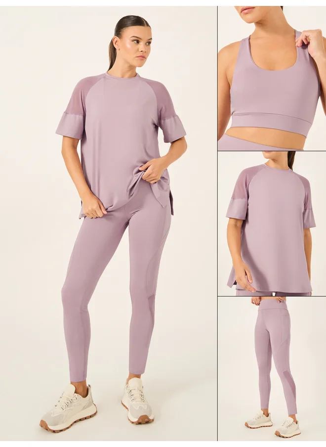 Styli Styli Active Pack of 3 - Shoulder Mesh Detail Top, Back Dual Tear Drop Sports Bra and Leggings
