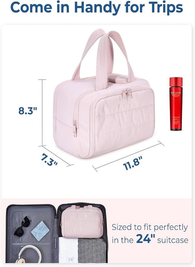 DEVYAMI Makeup Organizer Travel Bag with Wet and Dry Sections, Dual Zip compartments, top Handles, Pink - Image 2