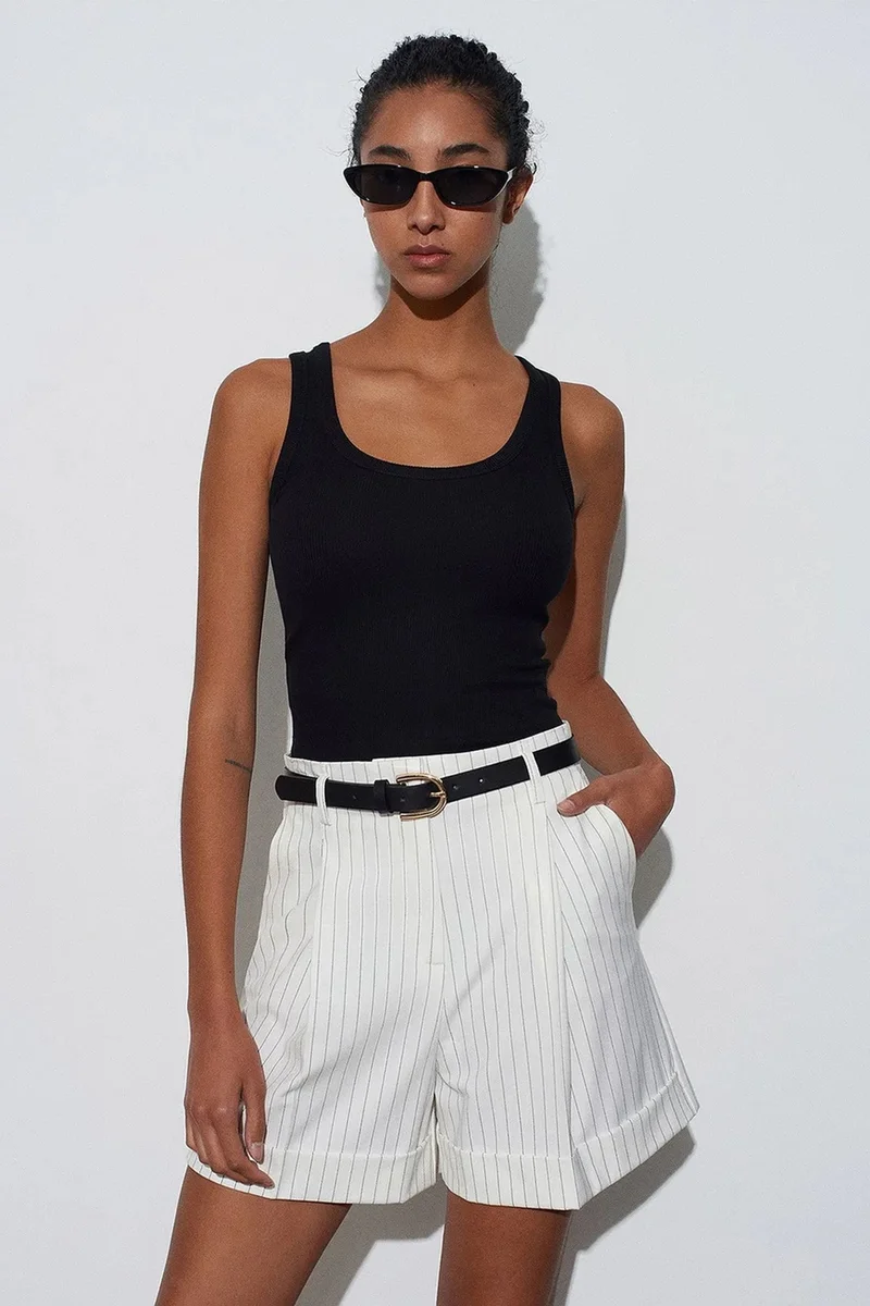 Dilvin Dusty White DILVIN High-Waist Striped Crepe Tailored Shorts for Women | Best Price UAE
