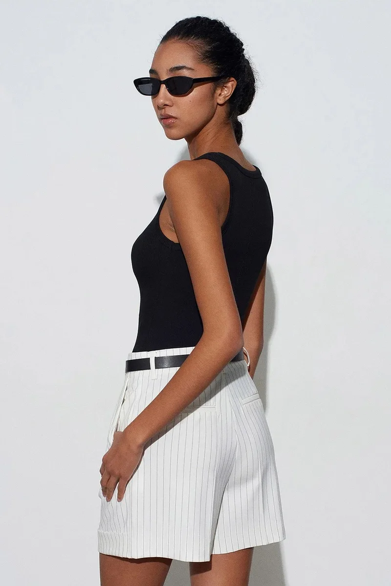 Dilvin Dusty White DILVIN High-Waist Striped Crepe Tailored Shorts for Women | Best Price UAE
