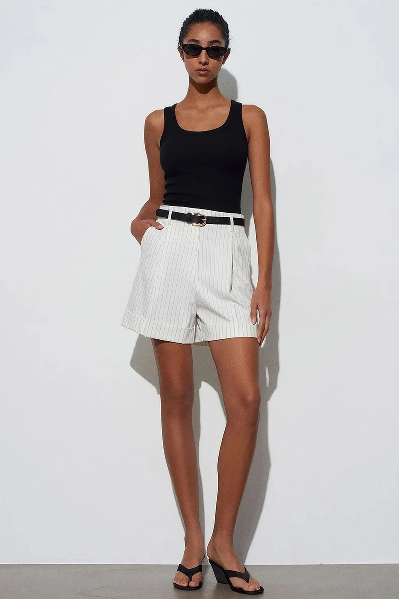 Dilvin Dusty White DILVIN High-Waist Striped Crepe Tailored Shorts for Women | Best Price UAE