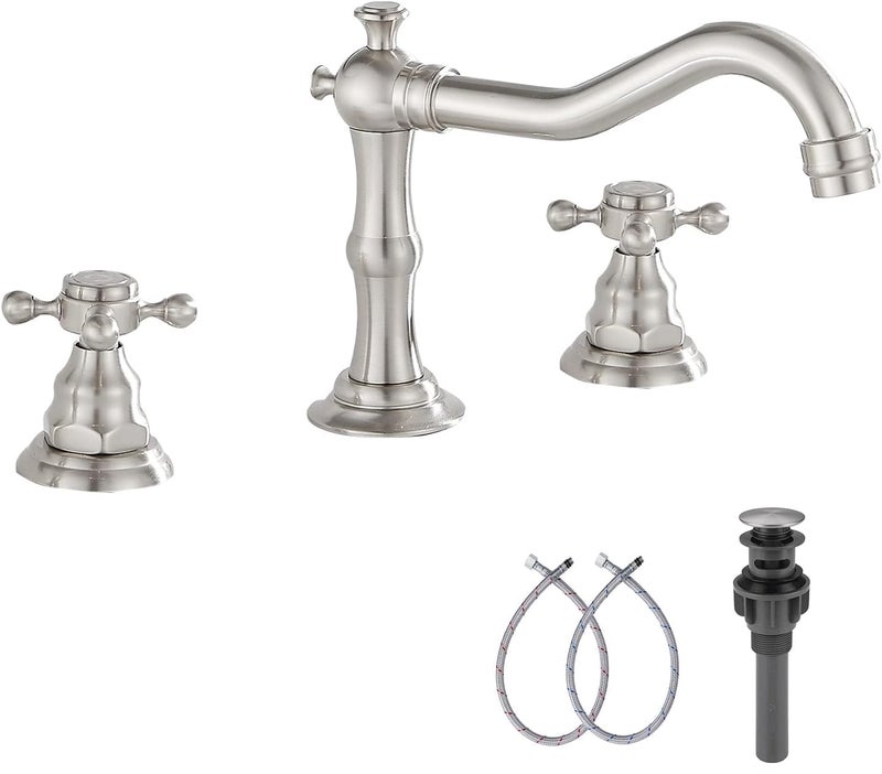 GGStudy Two Handles Three Holes Faucet 8-16 inch Widespread Bathroom Sink Faucet Brushed Nickel Basin Tap Mixer Faucet Matching Metal Pop Up Drain - Image 1