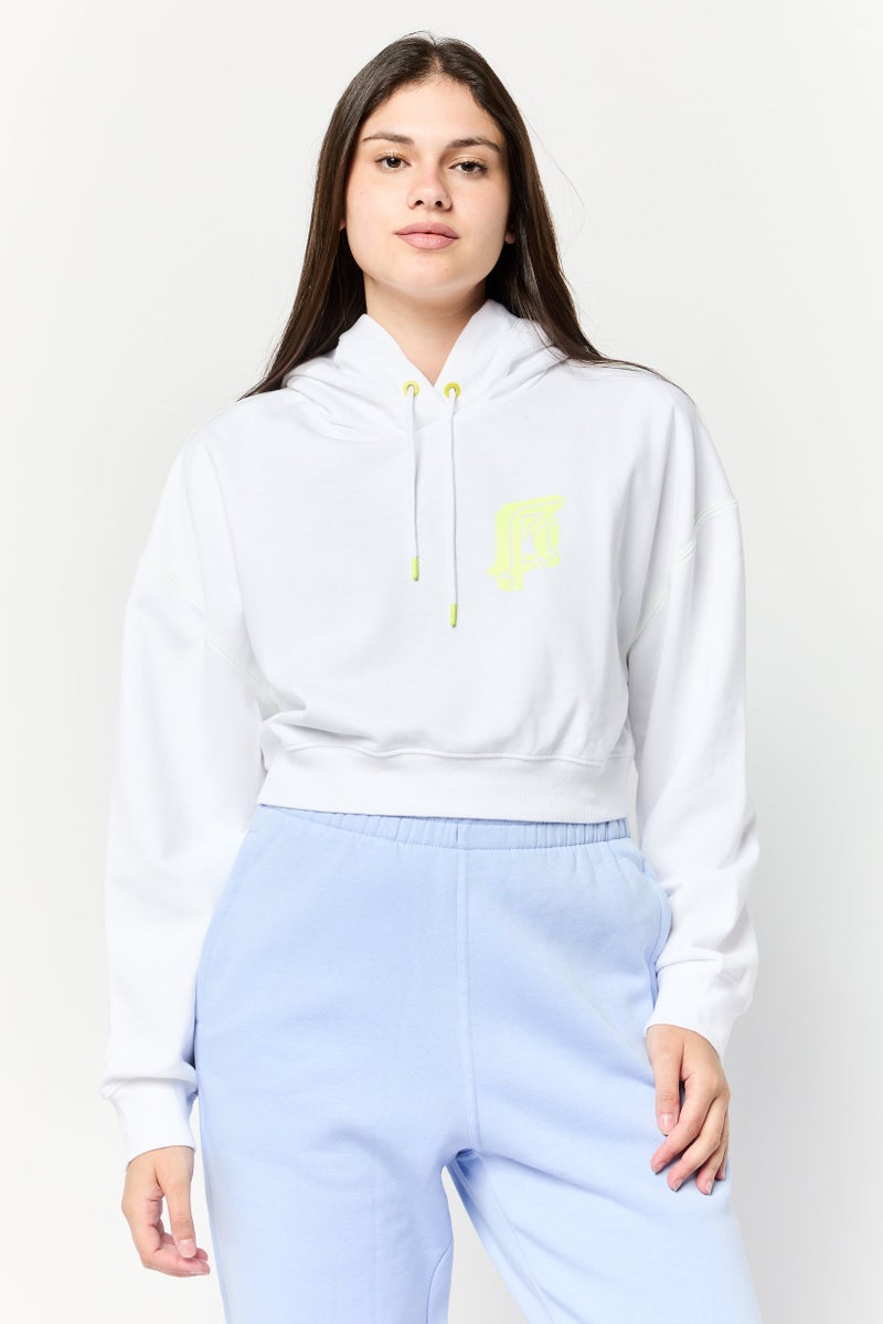 ESPRIT Women Graphic Print Long Sleeves Crop Hooded Sweatshirt, White - Image 1