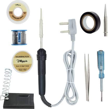Hillgrove 9In1 Beginners Complete 30W Corded Electric Soldering Iron Kit With 5 Meter Solder Wire, Stand, Flux, Bit, Tape, Tester, Tweezer, Wick 30 W Simple (Flat, Pointed Tip) - Image 1