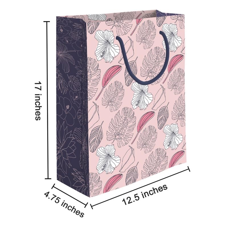 PaperPep Pink Tropical Pattern Print Gift Paper Bags | Large (17"X12.5"X4.75" inches) | Attached gift tags, Ideal for Return Gifts, Weddings, Birthday & Celebrations | Pack of 2 - Image 2
