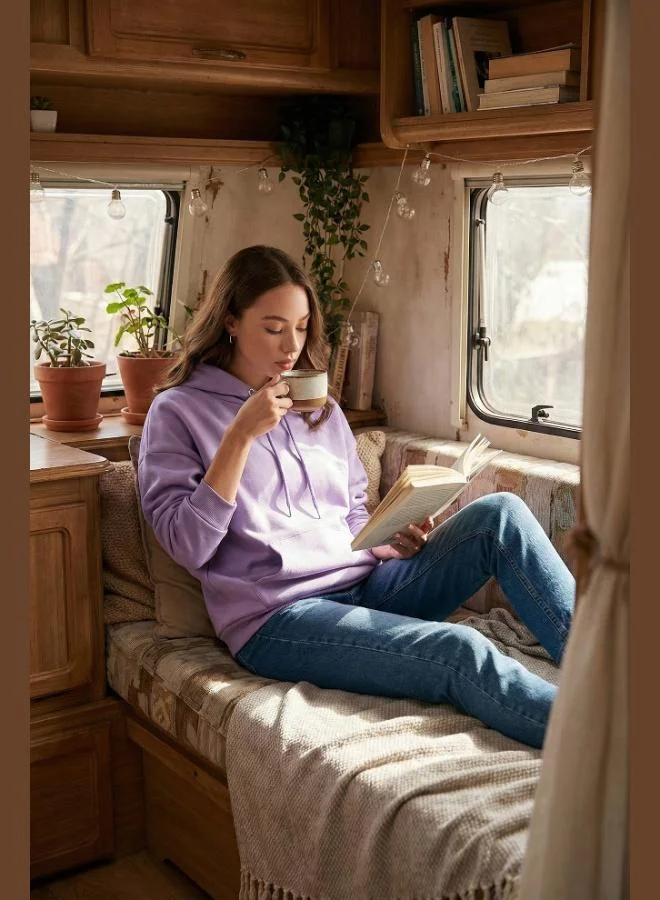 ليلا ليلا سويت شيرت شتوي نسائي بياقة بغطاء رأس قطني بقصة عادية ومبطن