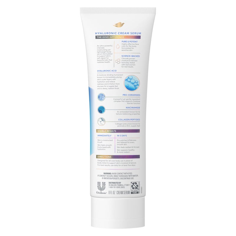 Dove Cream Serum Hyaluronic + Hydration for Extra Dry, Flaky Skin, with Pro-Ceramides, Niacinamide and Collagen Peptides Lotion, 8 oz - Image 2