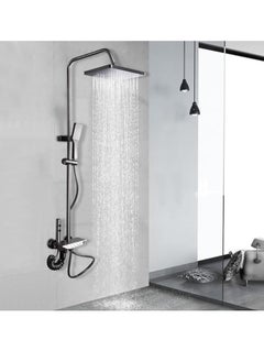 Modern shower system set with 4 water flow modes, push-button type, hand-held shower head height adjustable, rotary rain shower head, hand-held spray gun, black